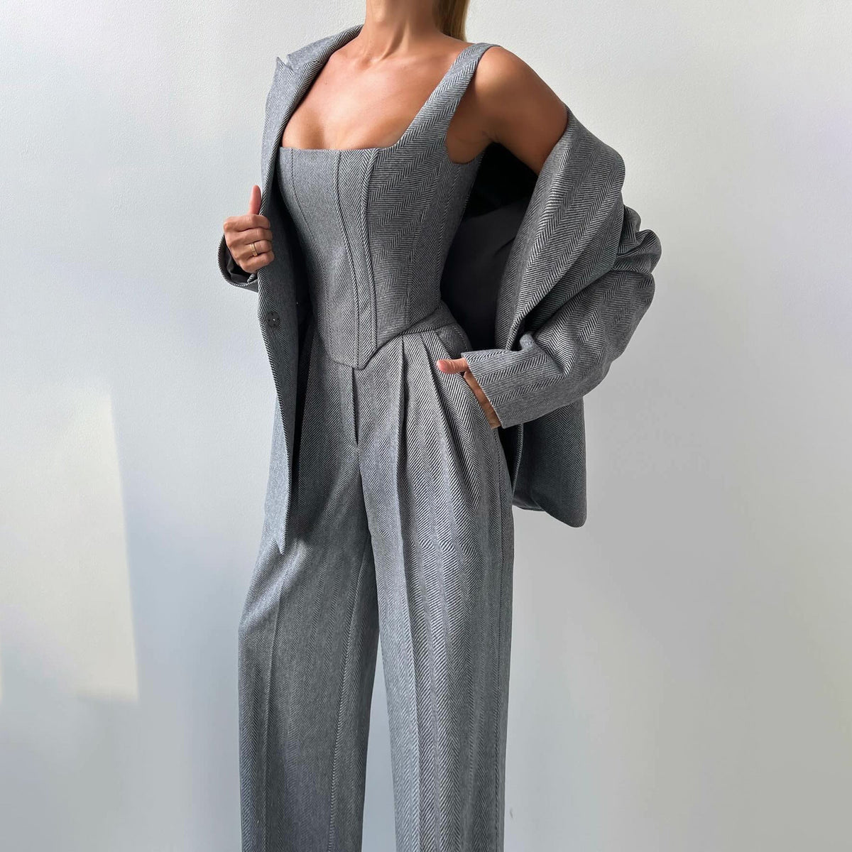 Elegante 3-Delige Dames Suitset met Blazer, Top & Wide Leg Broek