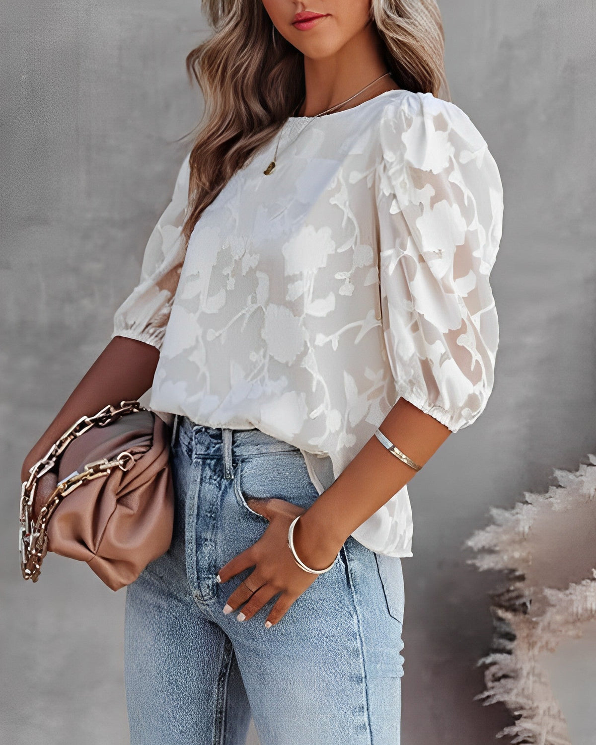 Chiffon Top met Bloemstructuur en Bubbelmouwen