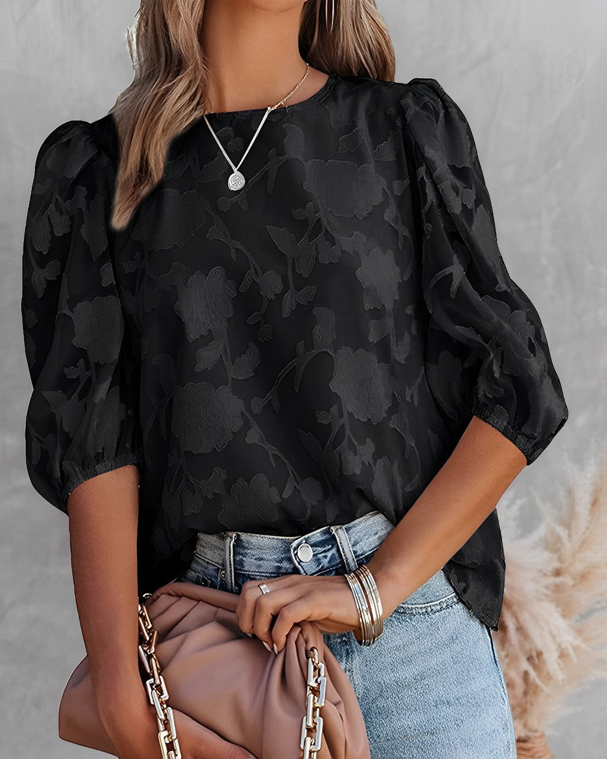 Chiffon Top met Bloemstructuur en Bubbelmouwen