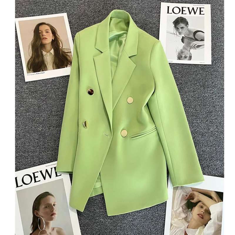 Lange Dames Blazer met Gouden Knopen & Dubbele Sluiting damespak kantoorpak vrouwenpak