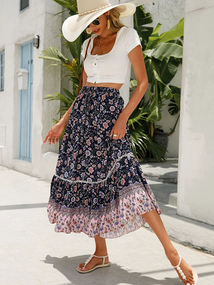 Lange boho-rok met elastische taille voor dames