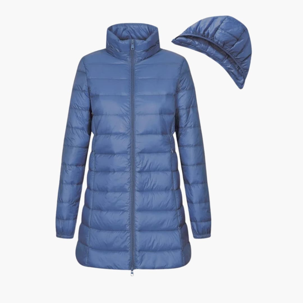 Dames donsjack voor de winter met capuchon en lange snit