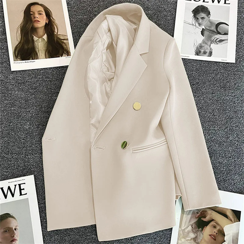 Lange Dames Blazer met Gouden Knopen & Dubbele Sluiting damespak kantoorpak vrouwenpak
