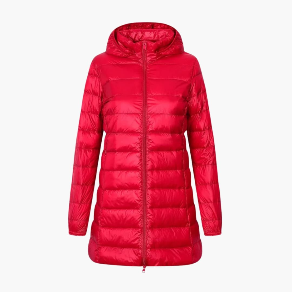 Dames donsjack voor de winter met capuchon en lange snit