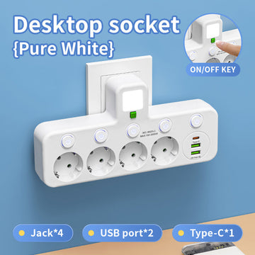 Draaibare stekkerdoos - Wandmontage Stekkerdoos met Onafhankelijke Schakelaar - 2 USB A En 1 USB C