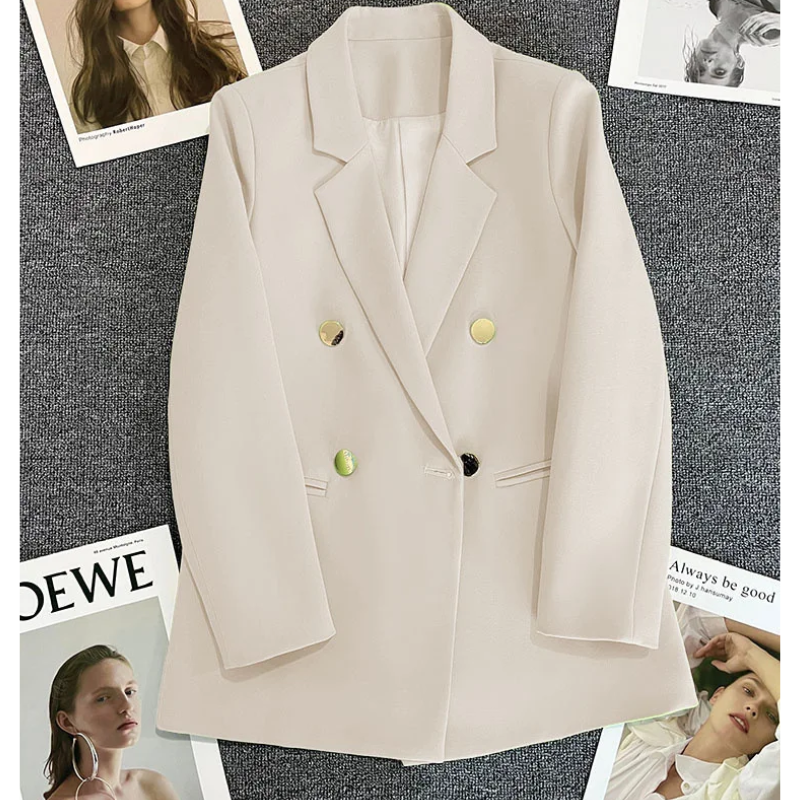 Lange Dames Blazer met Gouden Knopen & Dubbele Sluiting damespak kantoorpak vrouwenpak