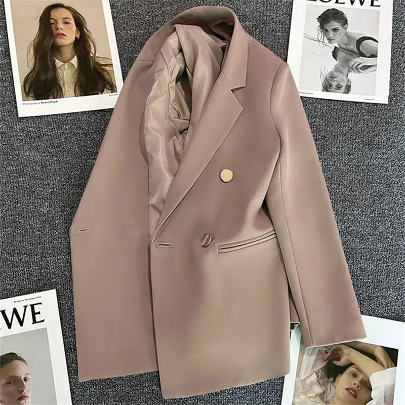 Lange Dames Blazer met Gouden Knopen & Dubbele Sluiting damespak kantoorpak vrouwenpak