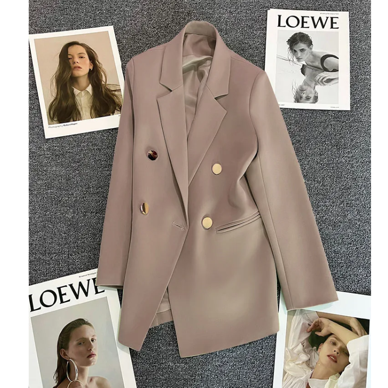 Lange Dames Blazer met Gouden Knopen & Dubbele Sluiting damespak kantoorpak vrouwenpak
