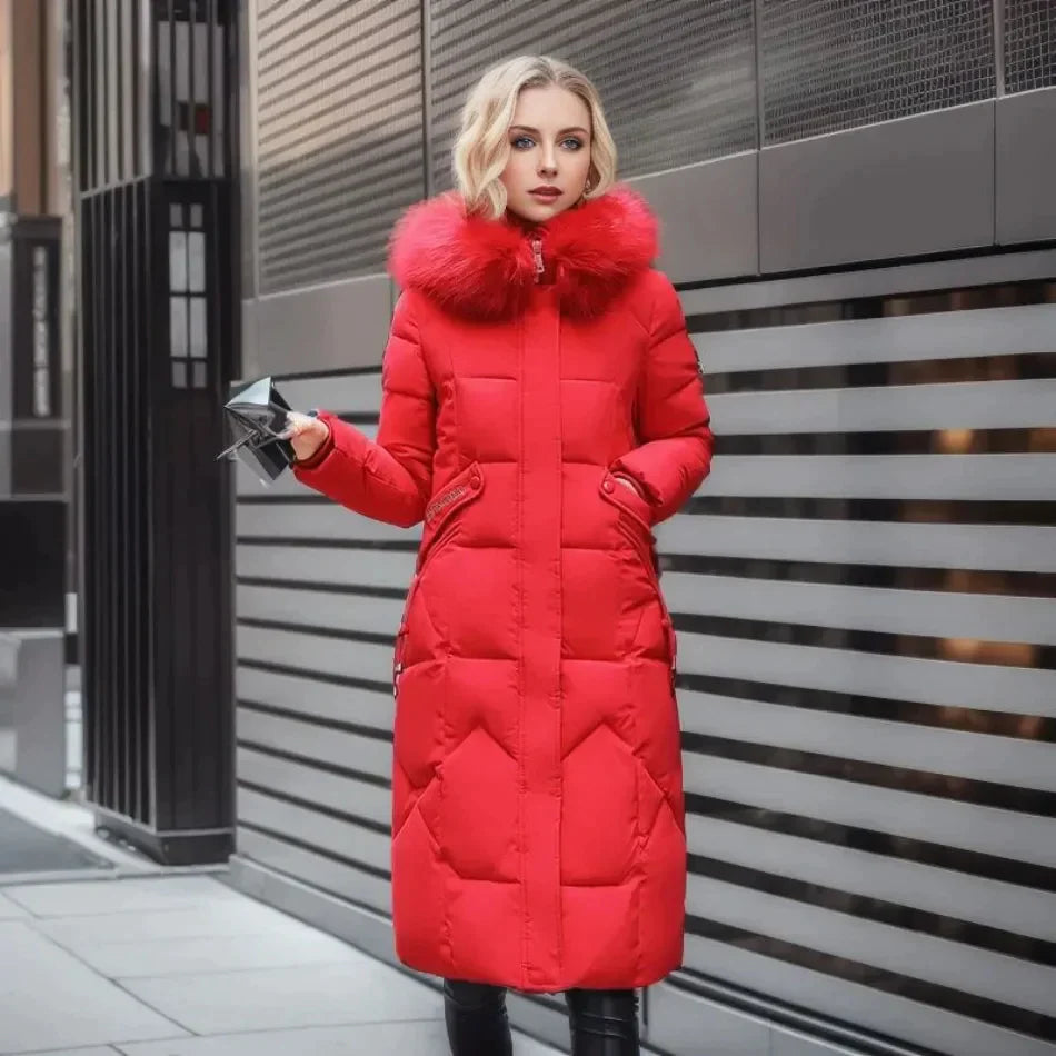 Lange gewatteerde winterjas met imitatiebont voor dames