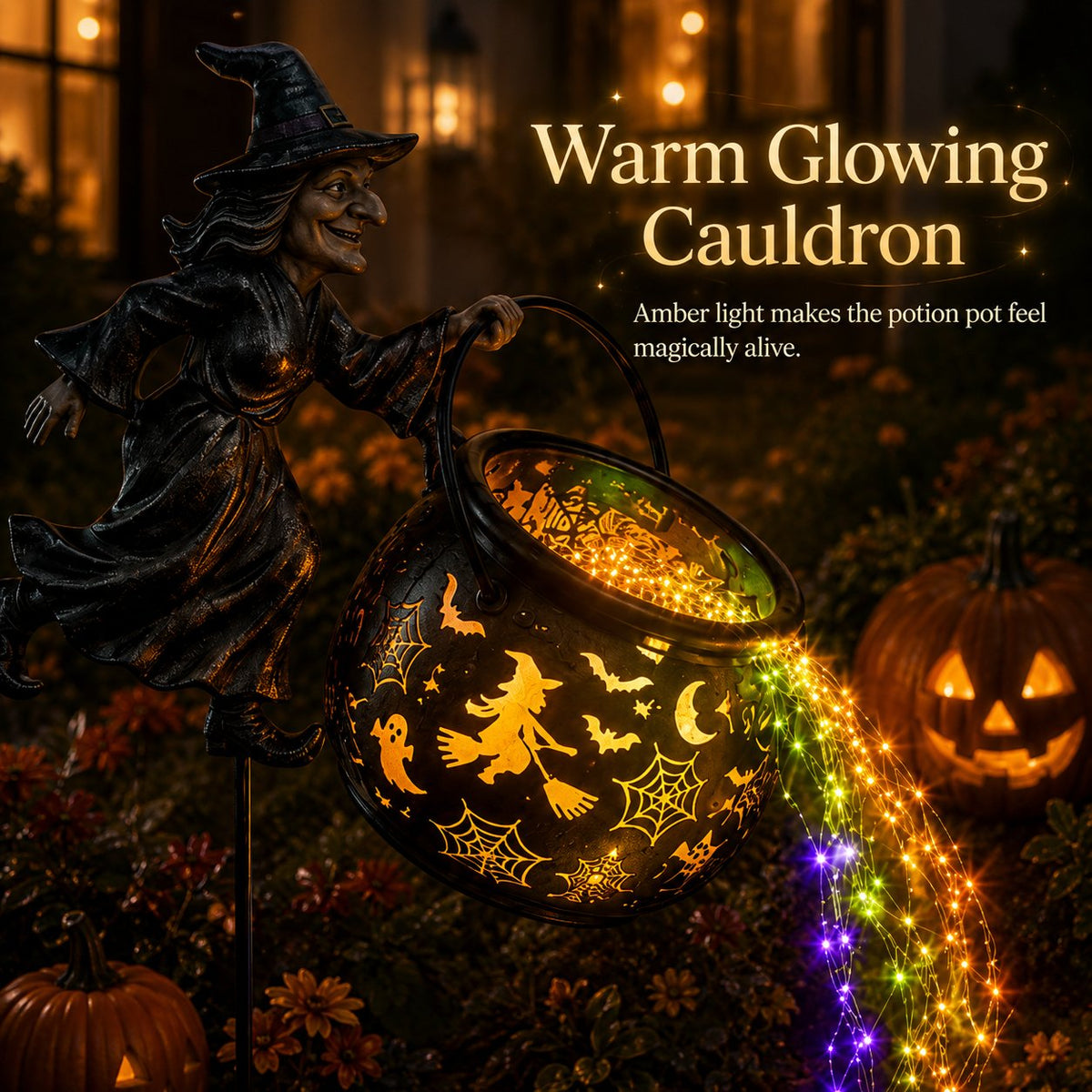 Halloween heksenketel-tuinlamp met kleurrijk licht en griezelige projecties