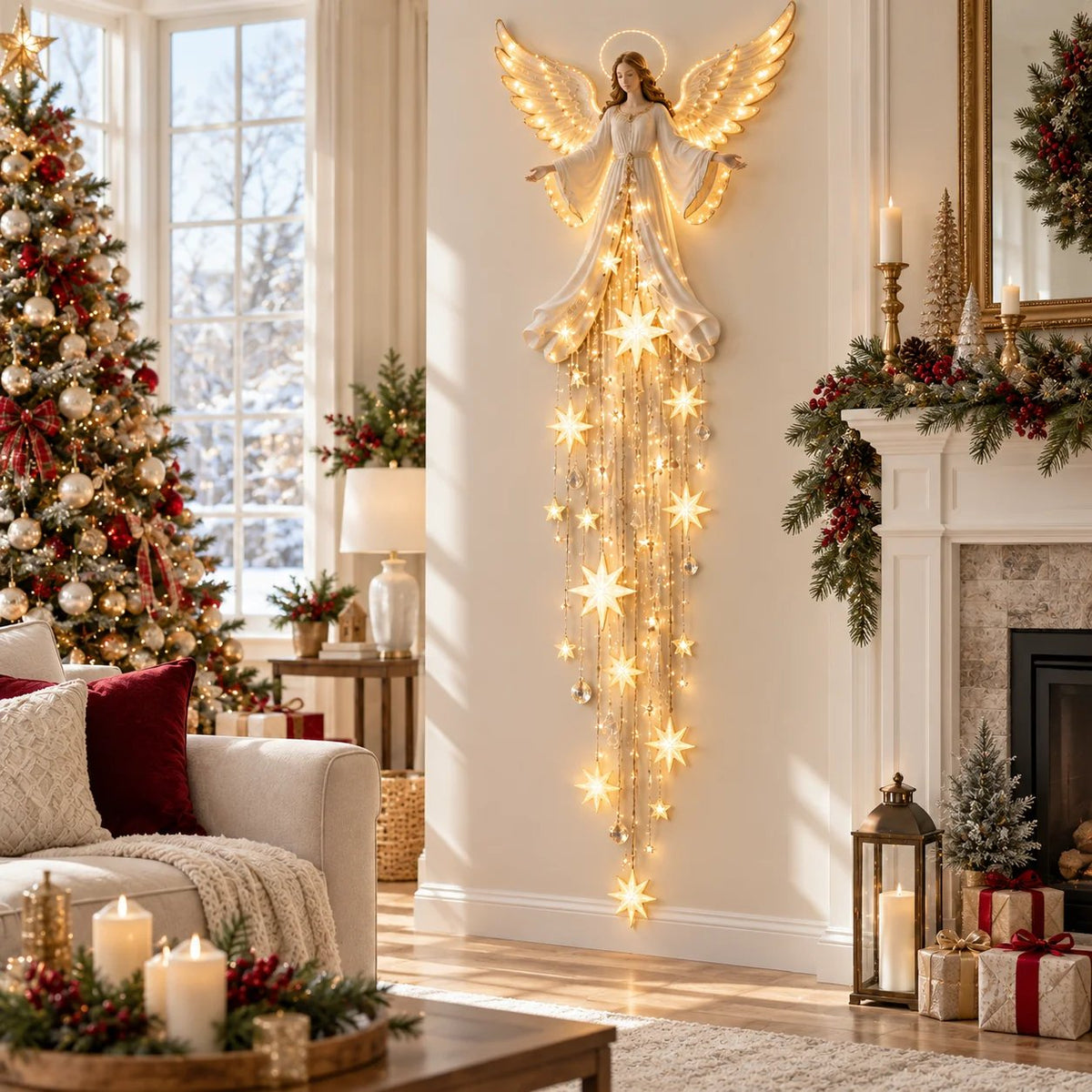 Kerstengel wandlamp met aureool en vallende sterren, warmwit