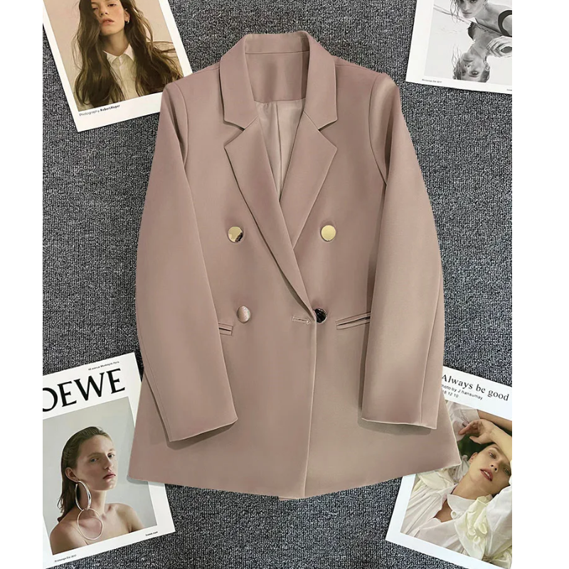 Lange Dames Blazer met Gouden Knopen & Dubbele Sluiting damespak kantoorpak vrouwenpak