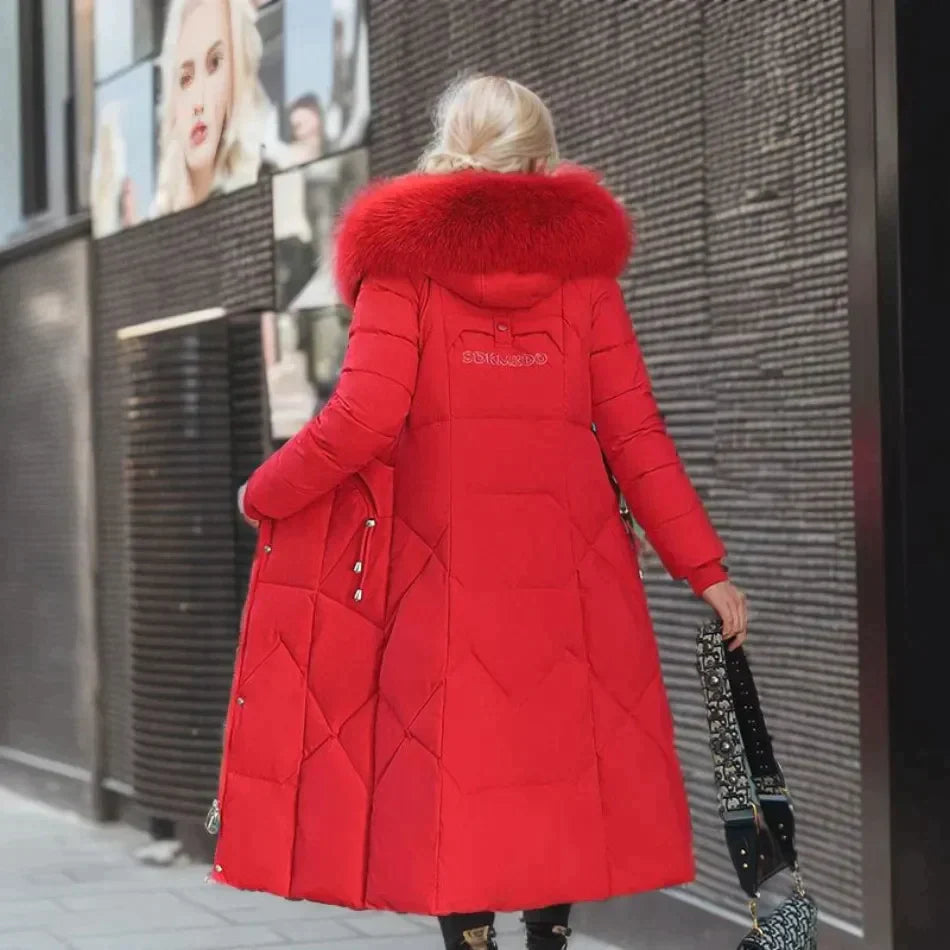 Lange gewatteerde winterjas met imitatiebont voor dames