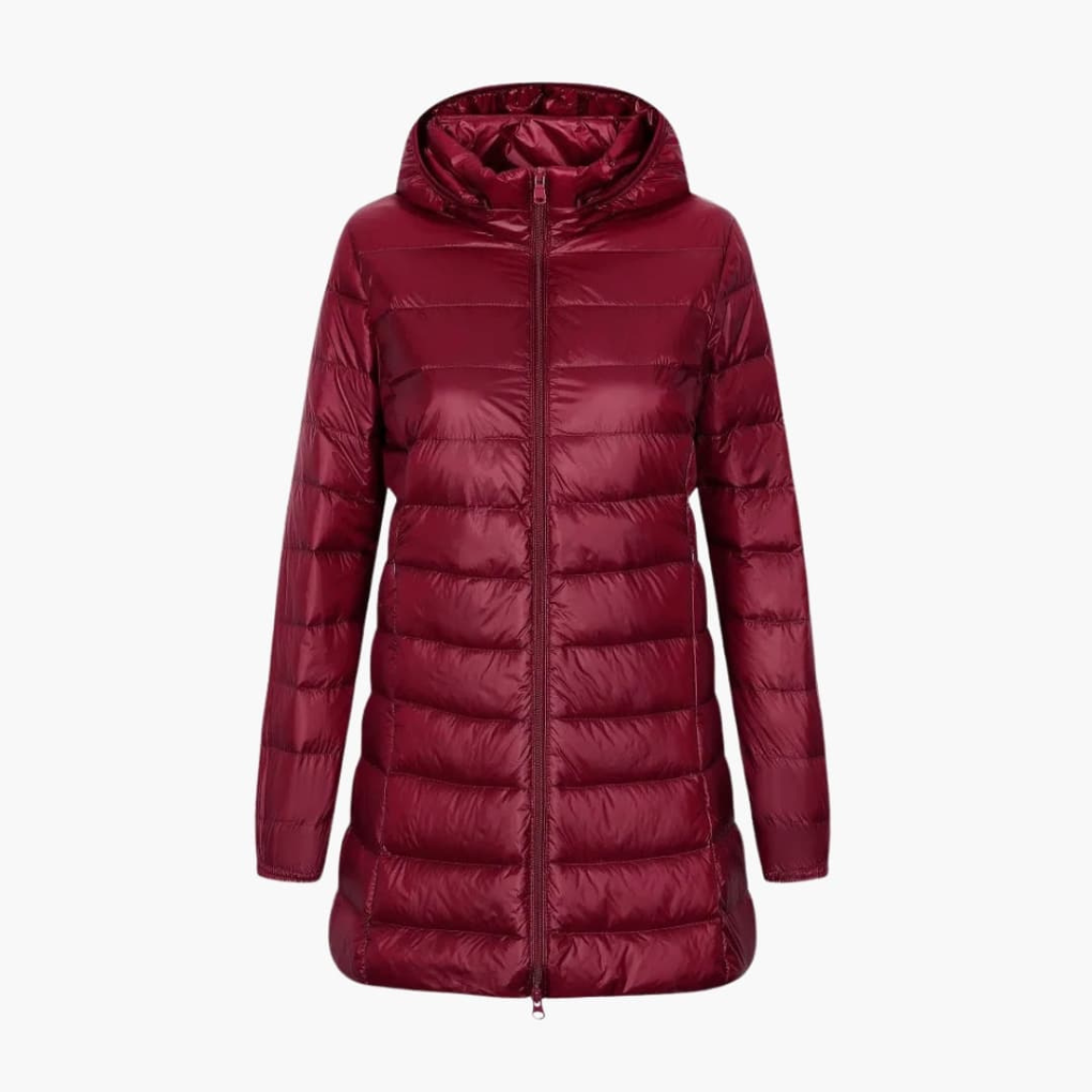 Dames donsjack voor de winter met capuchon en lange snit