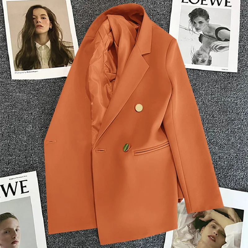 Lange Dames Blazer met Gouden Knopen & Dubbele Sluiting damespak kantoorpak vrouwenpak