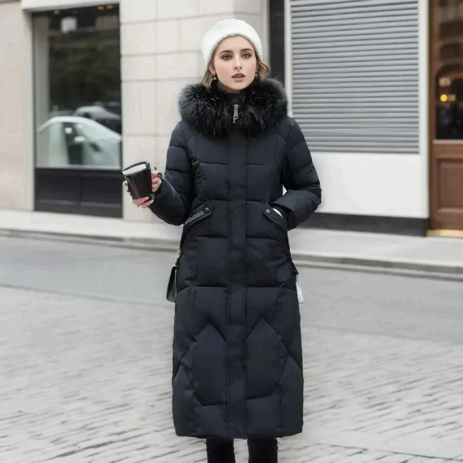 Lange gewatteerde winterjas met imitatiebont voor dames