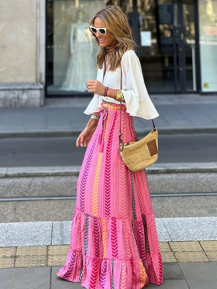 Lange boho-rok met elastische taille voor dames
