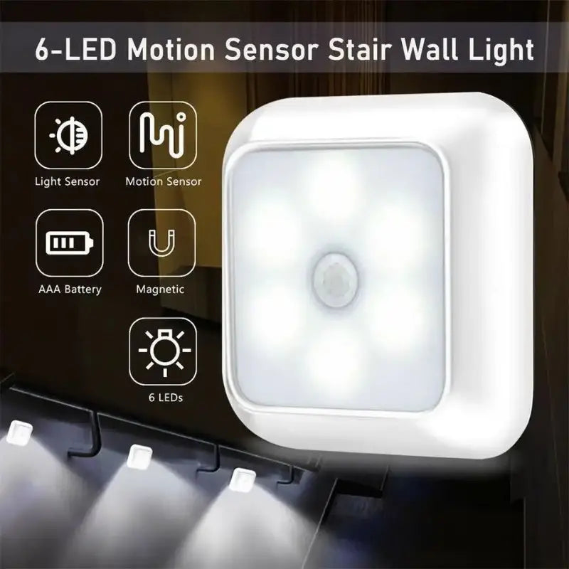 jouwwinkelGlow 6-LED Bewegingssensor Licht – Draadloos Nachtlampje op Batterij voor Binnengebruik, Trap, Keuken & Kast
