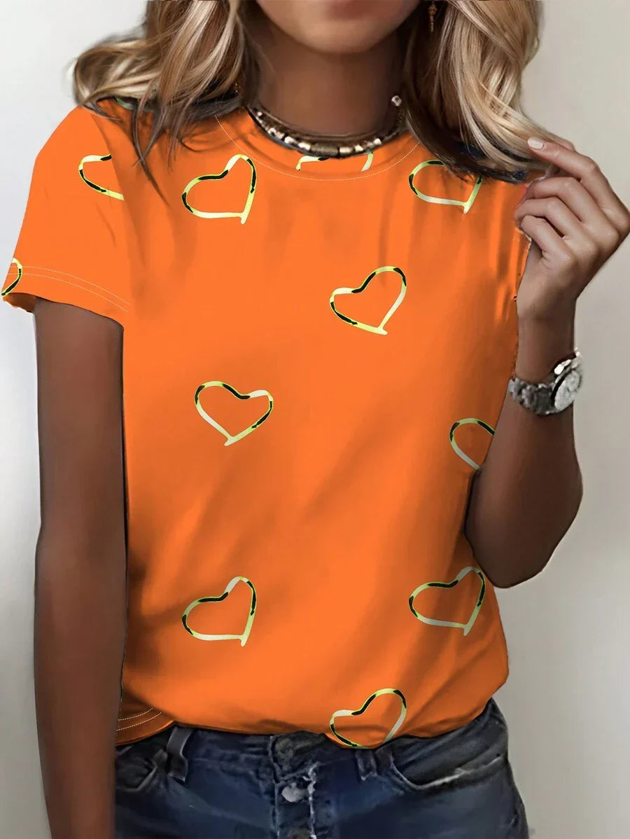 Oranje T-shirt voor dames met hartvormige print
