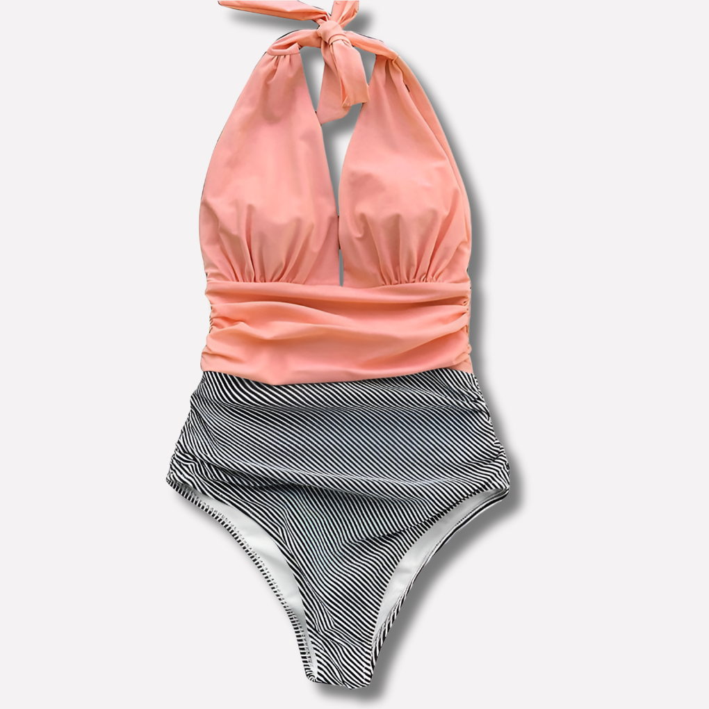Geplooid badpak met print en halternek voor dames