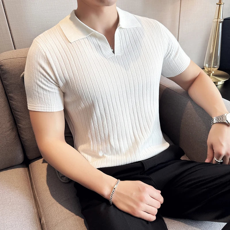 Olan - Gestreept poloshirt met V-hals voor heren