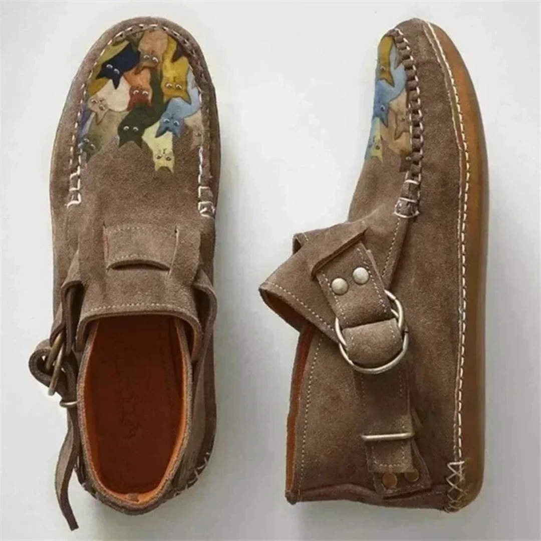 FelinStep – Comfortabele Leren Enkelboots met Kattenprint