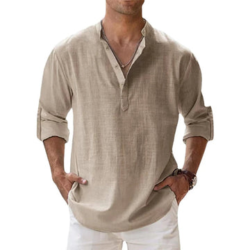 Linnen henley-shirt voor heren, los bovenstuk met knoopsluiting voor de zomer