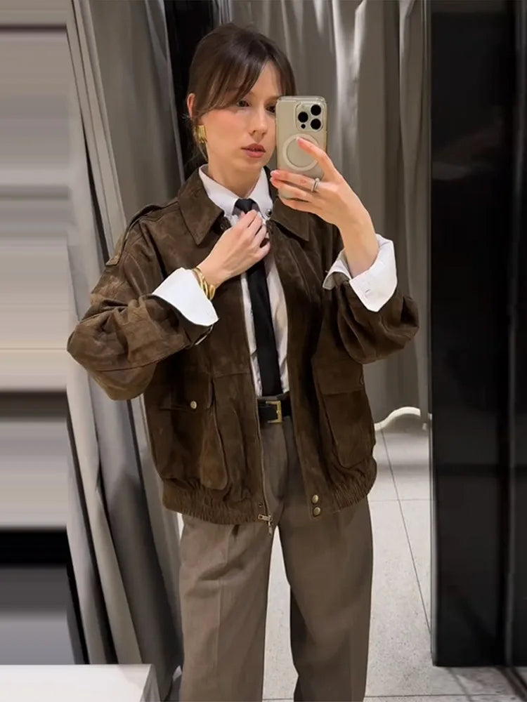 Suède Look Jas met Rits en Reverskraag