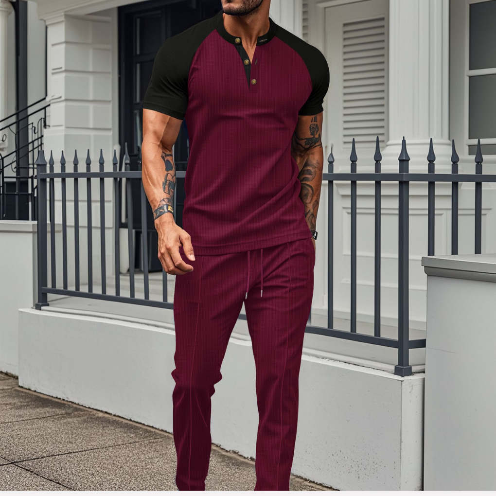 Heren Lounge Set – Knoopshirt met Wafeltextuur Broek