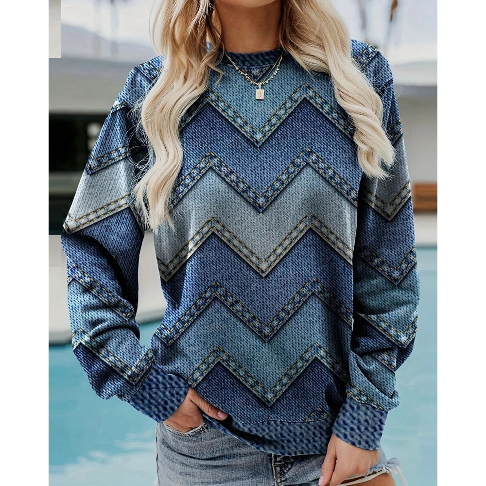Geometrisch T-shirt met denimlook voor dames