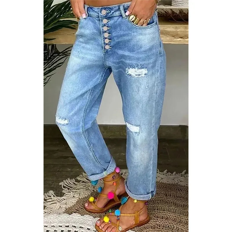 Low Waist Ripped Straight Leg Jeans voor Vrouwen