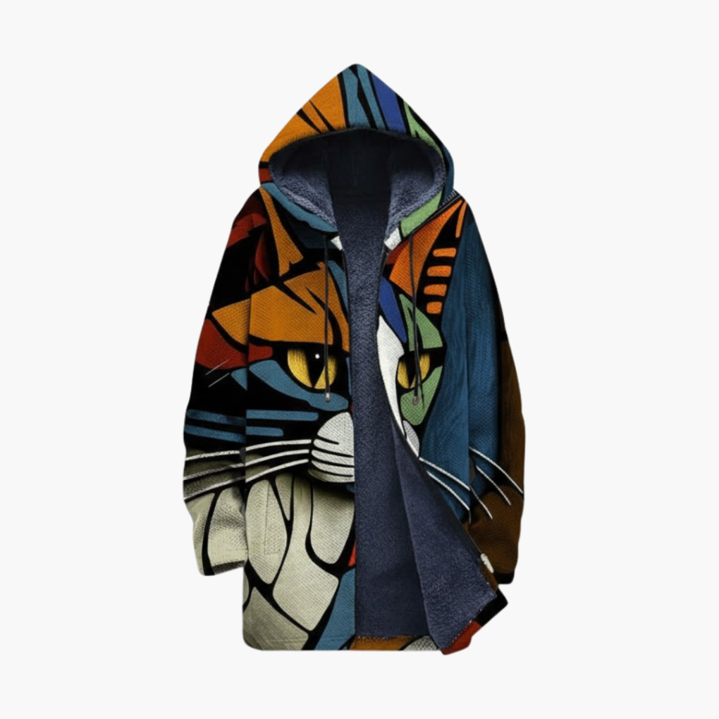 Unisex cardigan met capuchon, rits en kattenprint