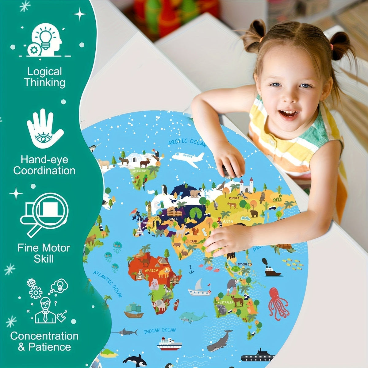 Vloerpuzzel van 70 Stukjes – Rond Wereldkaartdesign voor Kinderen