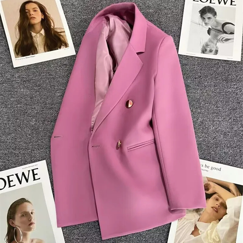 Lange Dames Blazer met Gouden Knopen & Dubbele Sluiting damespak kantoorpak vrouwenpak