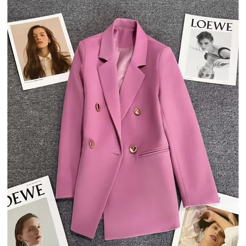 Lange Dames Blazer met Gouden Knopen & Dubbele Sluiting damespak kantoorpak vrouwenpak