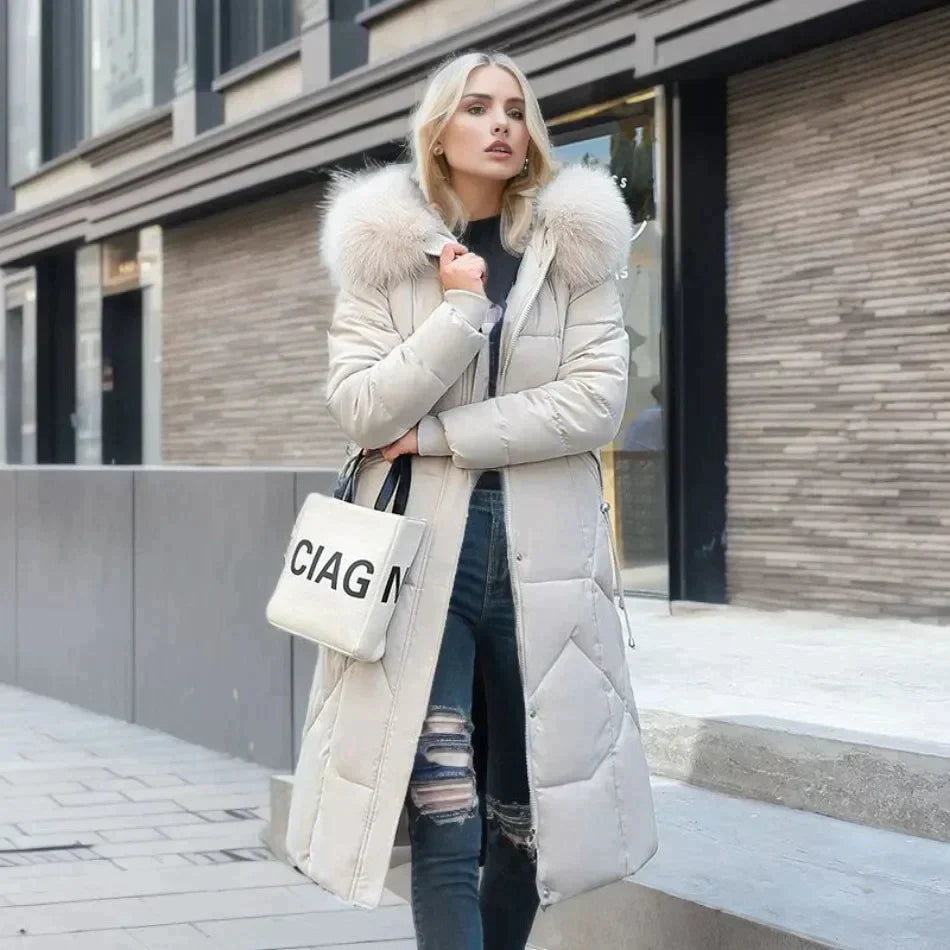 Lange gewatteerde winterjas met imitatiebont voor dames