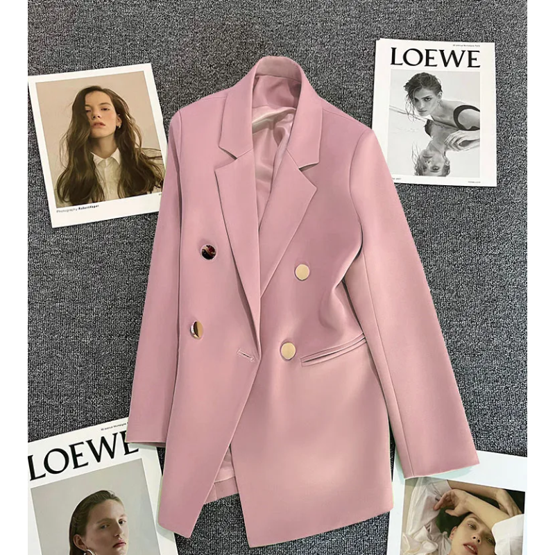 Lange Dames Blazer met Gouden Knopen & Dubbele Sluiting damespak kantoorpak vrouwenpak