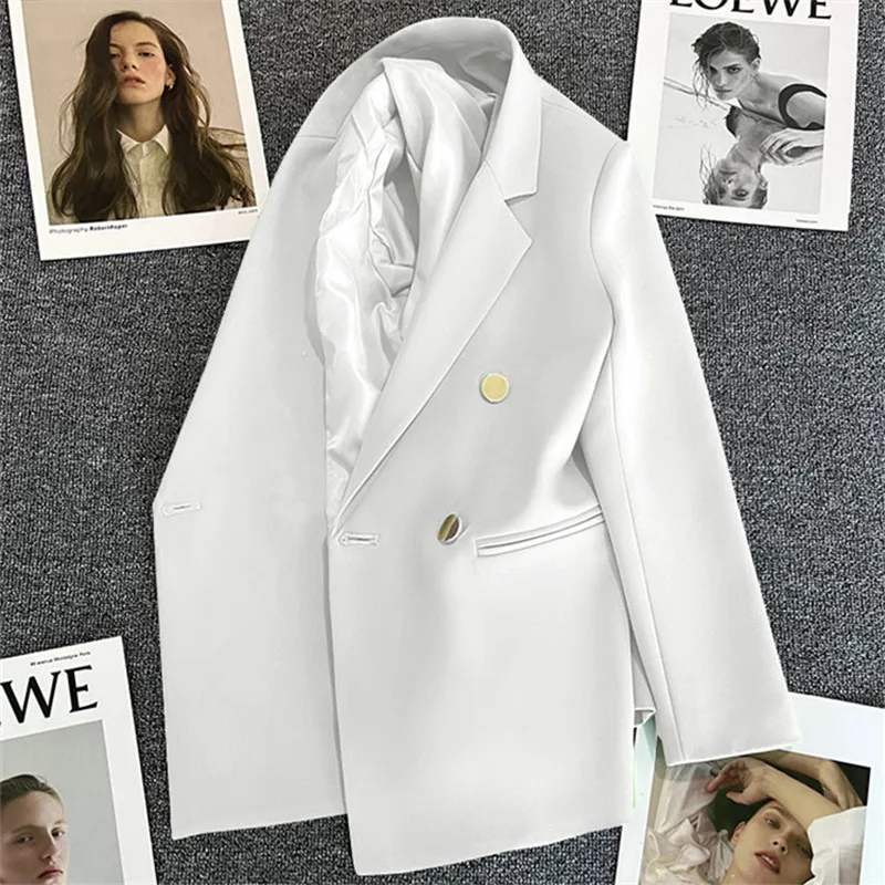 Lange Dames Blazer met Gouden Knopen & Dubbele Sluiting damespak kantoorpak vrouwenpak