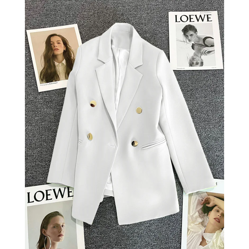 Lange Dames Blazer met Gouden Knopen & Dubbele Sluiting damespak kantoorpak vrouwenpak