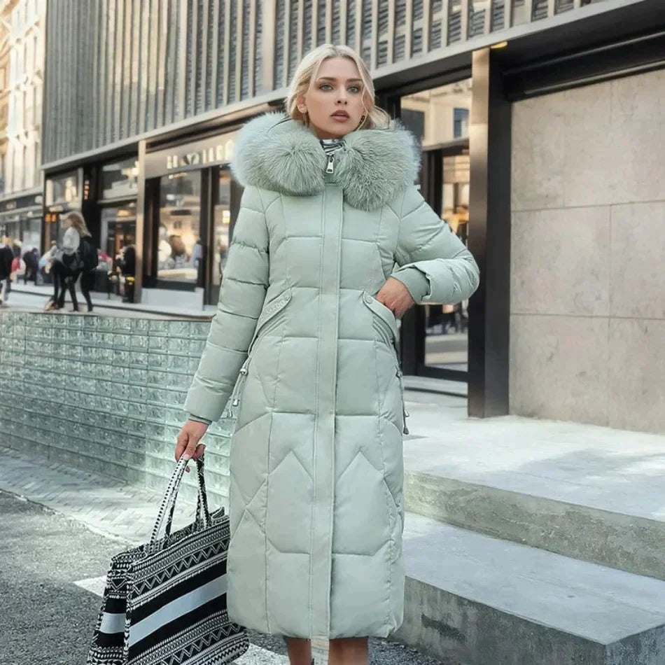 Lange gewatteerde winterjas met imitatiebont voor dames