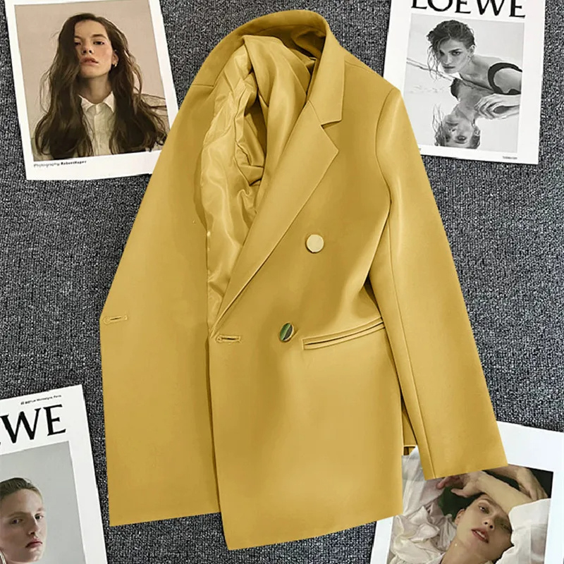 Lange Dames Blazer met Gouden Knopen & Dubbele Sluiting damespak kantoorpak vrouwenpak
