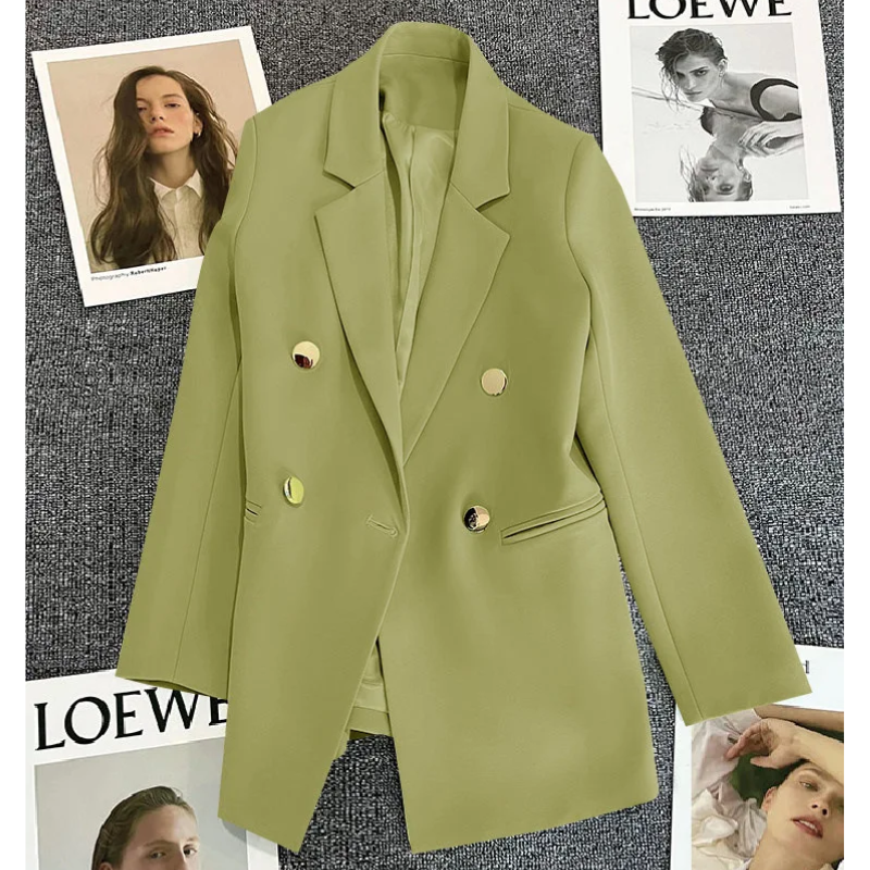 Lange Dames Blazer met Gouden Knopen & Dubbele Sluiting damespak kantoorpak vrouwenpak
