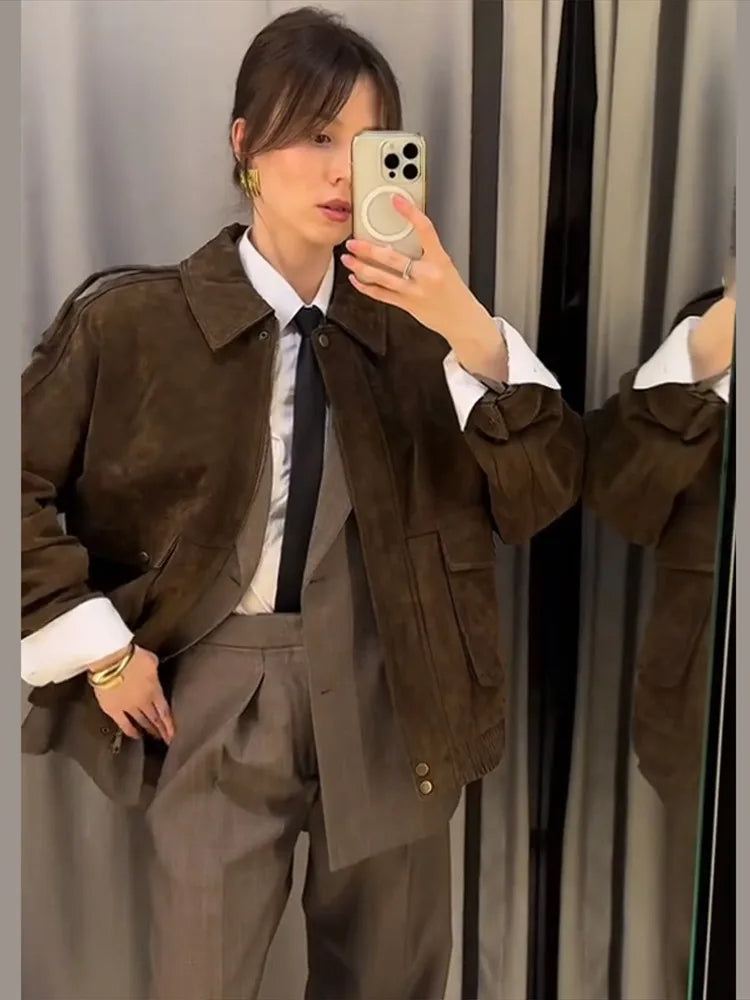 Suède Look Jas met Rits en Reverskraag