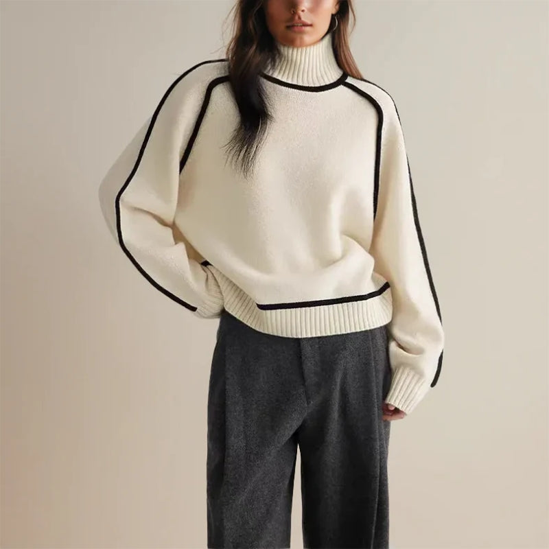 Gestreepte Patchwork Trui met Halfhoge Kraag