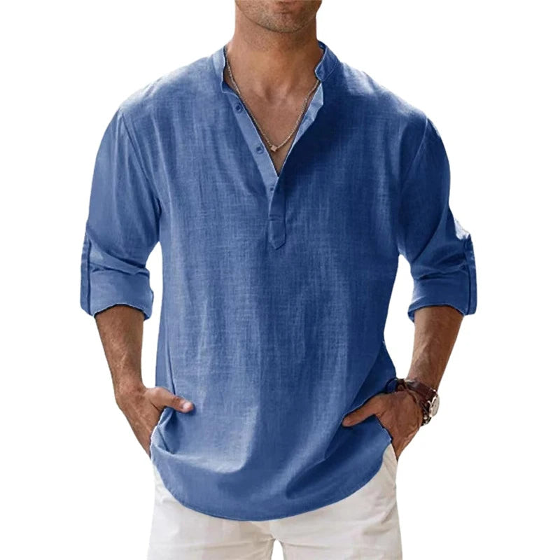 Linnen henley-shirt voor heren, los bovenstuk met knoopsluiting voor de zomer