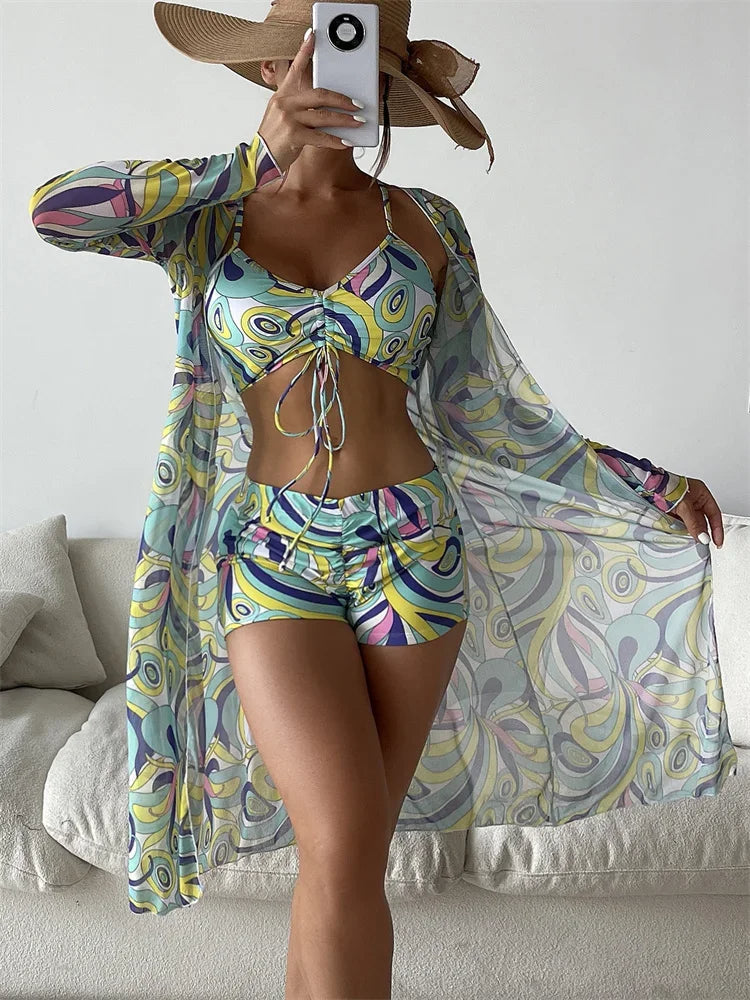 Hoymans AquaLuxe – Women's High Waist Long Sleeve Three-Piece Bikini Set
