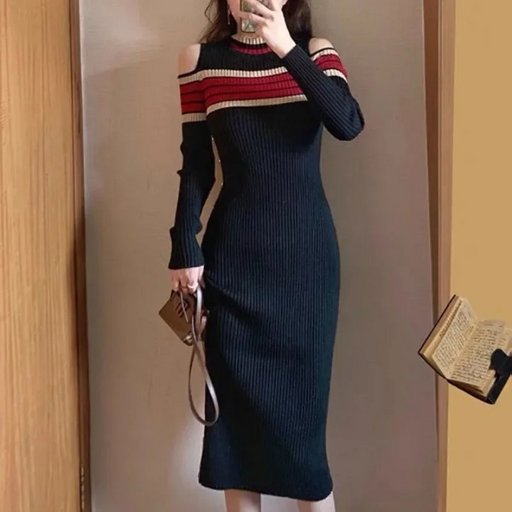 MoaLina - Ribgebreide Bodycon Jurk Met Open Been lange jurk open schouders open been lange mouwen strepen maxi jurk geribbeld