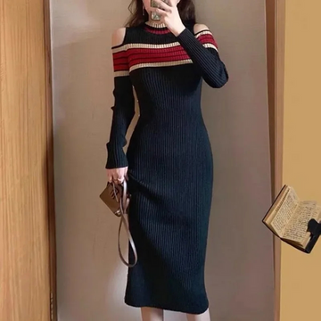 MoaLina - Ribgebreide Bodycon Jurk Met Open Been lange jurk open schouders open been lange mouwen strepen maxi jurk geribbeld