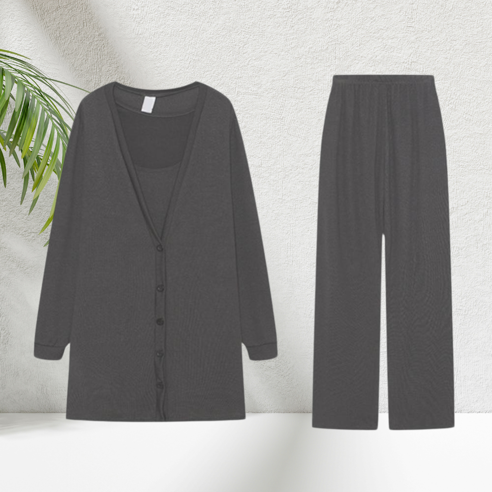 Milou - gebreid damespak in 3-delige set – top, broek en vest