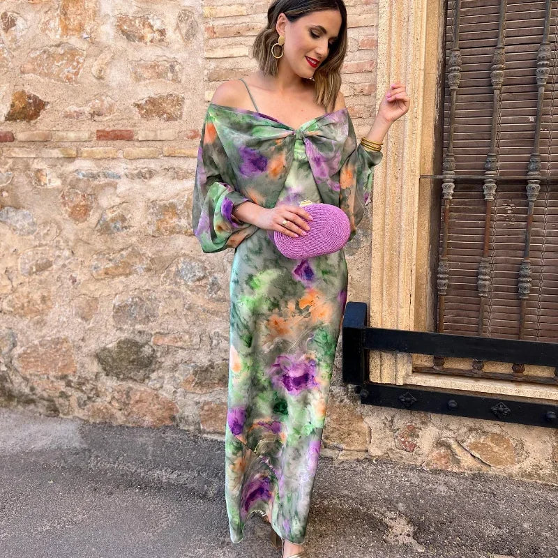 Hoymans OceanGlow – Tie-Dye Maxi Jurk met Afneembare Mouwen